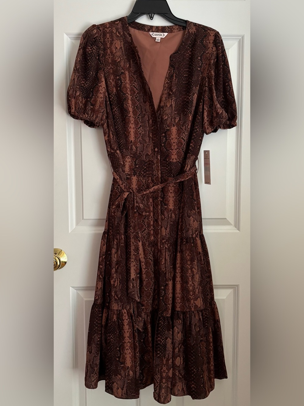 Nanette Lepore Brown Snake-Print V-Neck Tiered Midi Dress